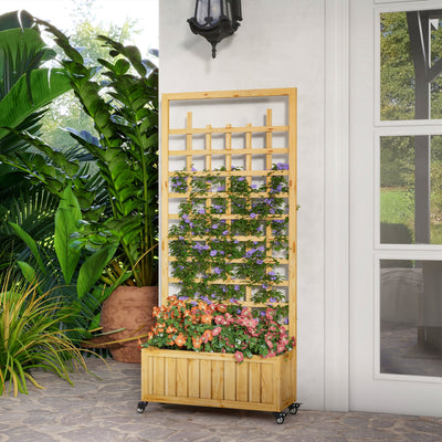 Outsunny Wooden Trellis Planter, Raised Garden Bed with Wheels and Bed Liner, to Climb and Grow Vegetables, Herbs and Flowers 