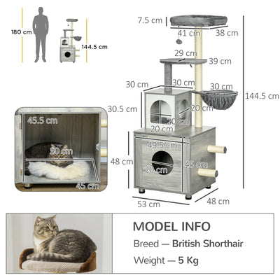 PawHut Enclosed Cat Litter Box with Cat House, Cat Bed, Scratching Posts, Platforms, for Indoor Cats - Grey 