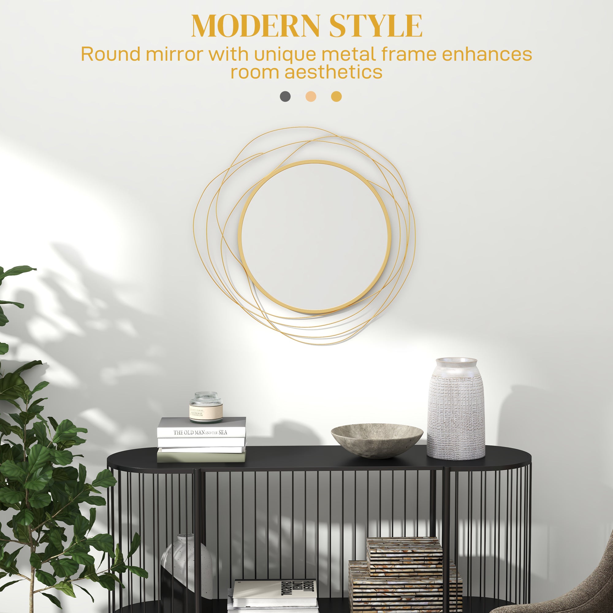HOMCOM Abstract Metal Wire Wall Mirror, with Accessories - Gold Tone 