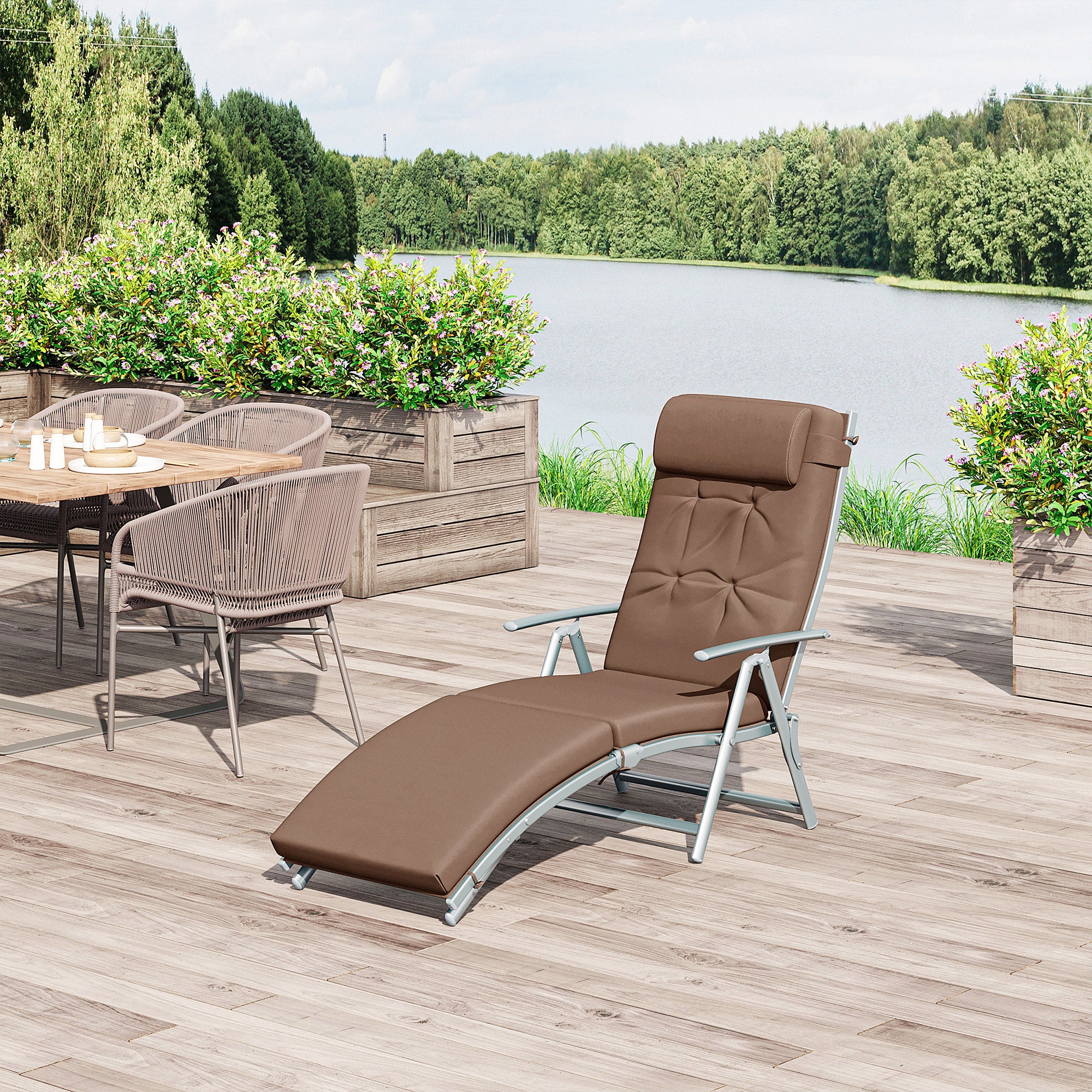 Outsunny Sun Lounger Steel Frame Outdoor Folding Chaise Texteline Lounge Chair Recliner with Headrest & 7 Levels Adjustable Backrest, Brown 