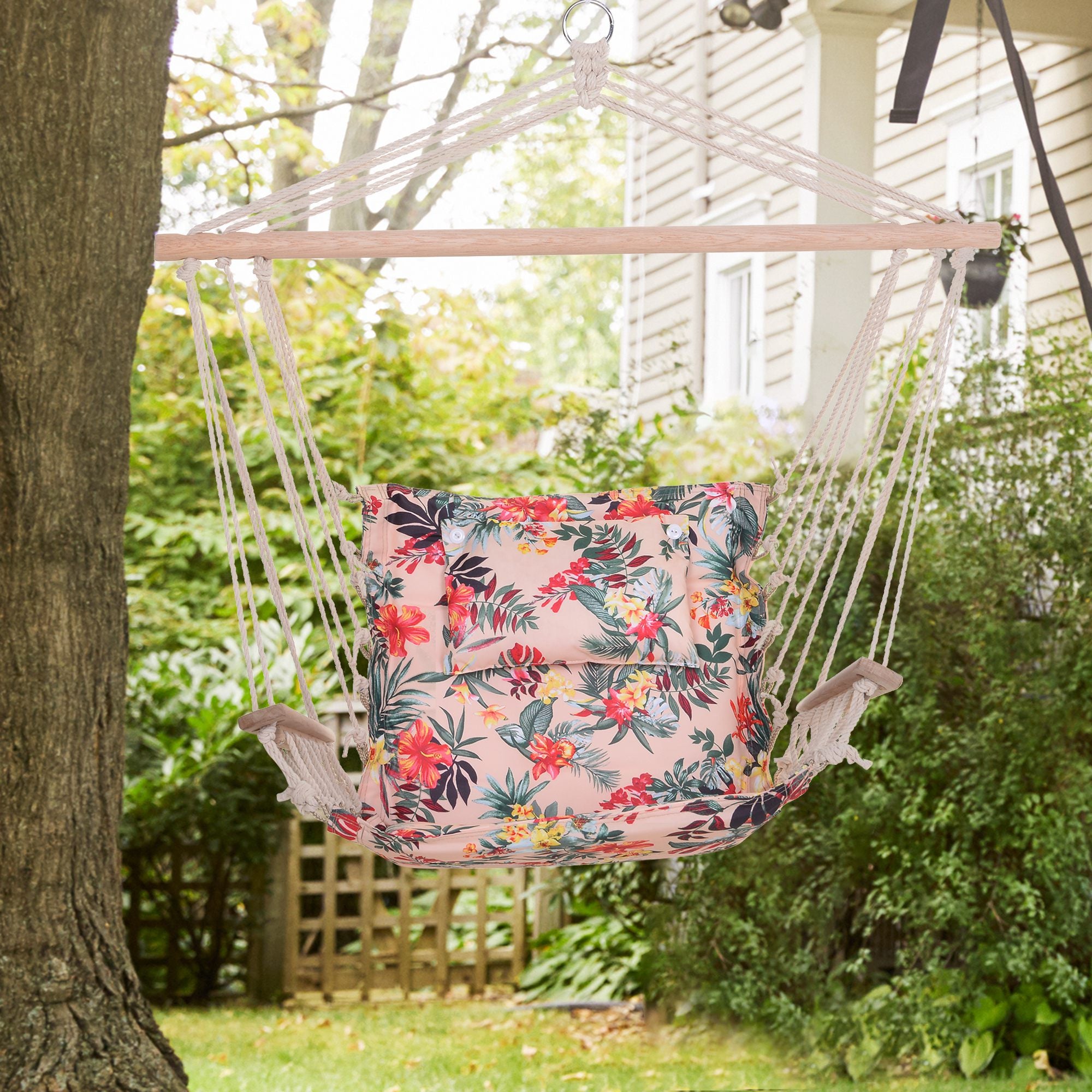 Outsunny Garden Outdoor Hanging Hammock Chair Thick Rope Frame Wooden Arms Safe Wide Seat Garden Outdoor Spot Stylish Multicoloured floral 