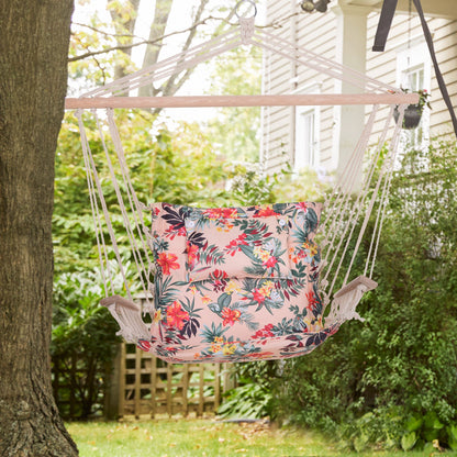 Outsunny Garden Outdoor Hanging Hammock Chair Thick Rope Frame Wooden Arms Safe Wide Seat Garden Outdoor Spot Stylish Multicoloured floral 