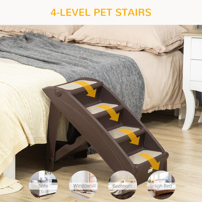 PawHut Foldable Four-Step Pet Stairs, for Cats, Small Miniature Dogs, with Non-Slip Mats 62 x 38 x 49.5cm - Brown 
