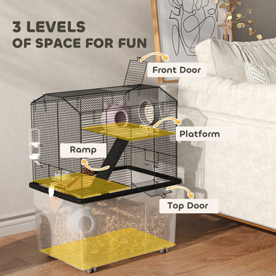 PawHut Three-Tier Gerbil Cage, Hamster Cage for Dwarf Hamster, Syrian Hamster w/ Wheels, Deep Bottom, Food Dish, Water Bottle 
