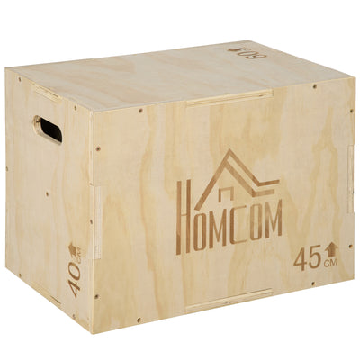 HOMCOM 3-in-1 Wooden Plyo Box, Plyometric Jump Box with Handle Openings for Home Gym, Workout Training, Natural 