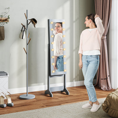 HOMCOM Free Standing Mirror Jewelry Cabinet with LED Lights, Jewellery Organiser with 3 Angle Adjustable, Full-Length Mirror with Storage for Earrings, Necklaces, Rings and Lipsticks, Grey 
