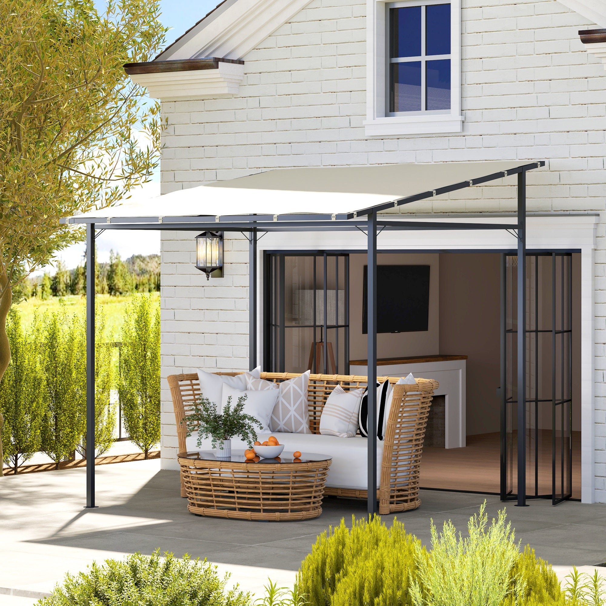 Outsunny 2.4 x 2.4 m Wall Mounted Pergola Gazebo with PA Coating Fabric and Metal Frame, UPF30+, Lean to Garden Gazebo, Wind Resistant Outdoor Sun Shade Shelter for Garden, Deck, Cream White 
