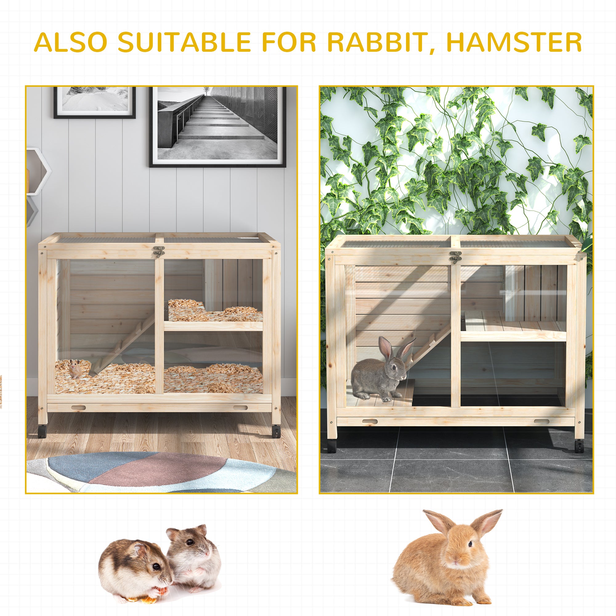 PawHut Rabbit Hutch Indoor Wooden Guinea Pig House Hamster Cage with Wheels, 2 Layers Bunny Cage with Openable Roof, 91.5 x 53.3 x 73 cm, Natural 
