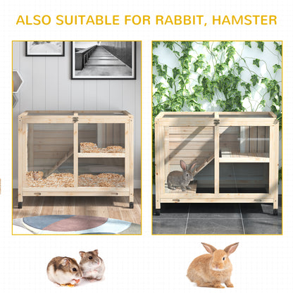 PawHut Rabbit Hutch Indoor Wooden Guinea Pig House Hamster Cage with Wheels, 2 Layers Bunny Cage with Openable Roof, 91.5 x 53.3 x 73 cm, Natural 