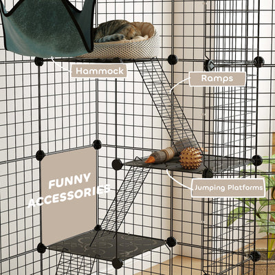 PawHut 4-Tier DIY Large Cat Cage with Hammock, Ramps, 5 Doors, Indoor Use for 1-3 Cats, Black 
