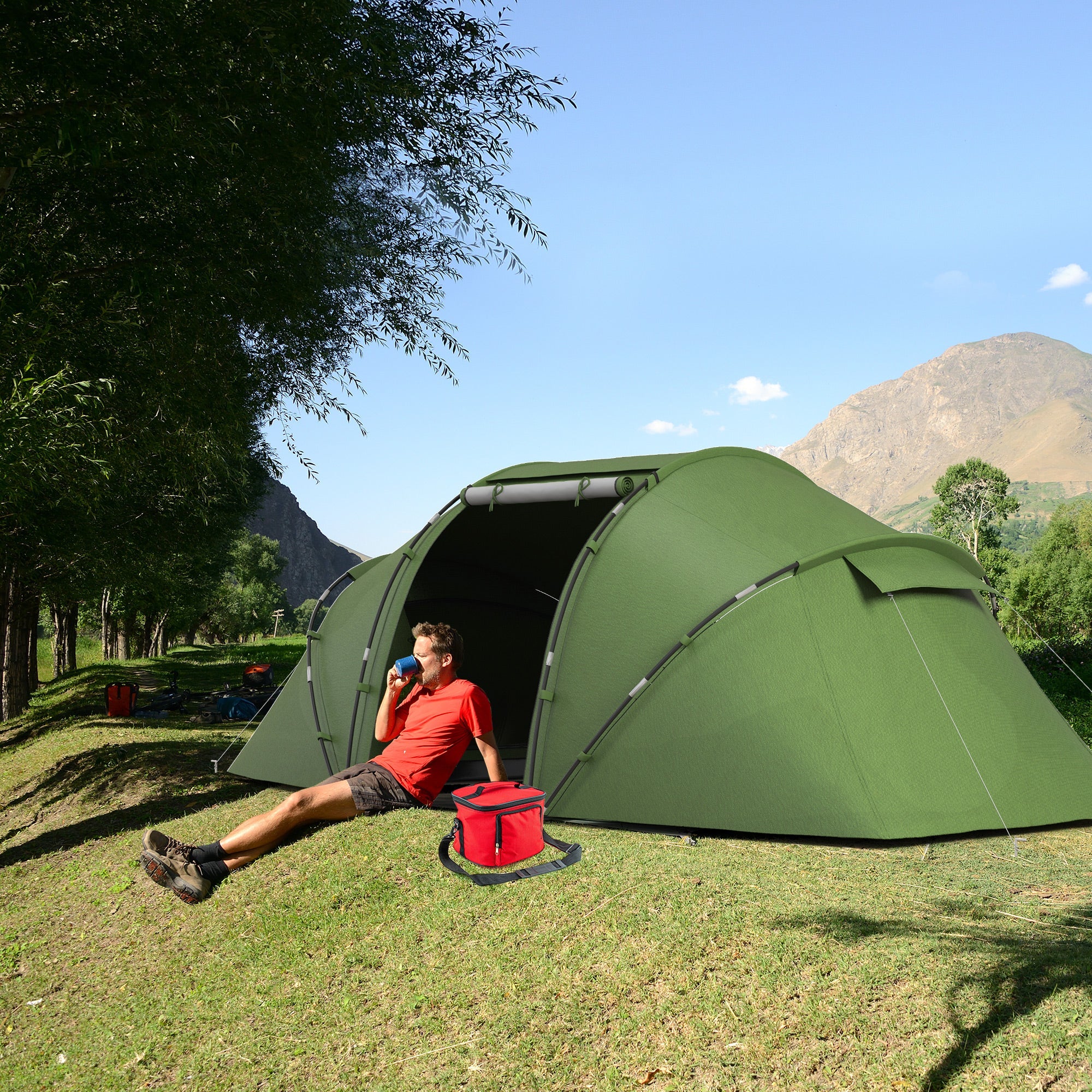 Outsunny 4-6 Man Camping Tent w/ Two Bedroom, Hiking Sun Shelter, UV Protection Tunnel Tent, Dark Green 