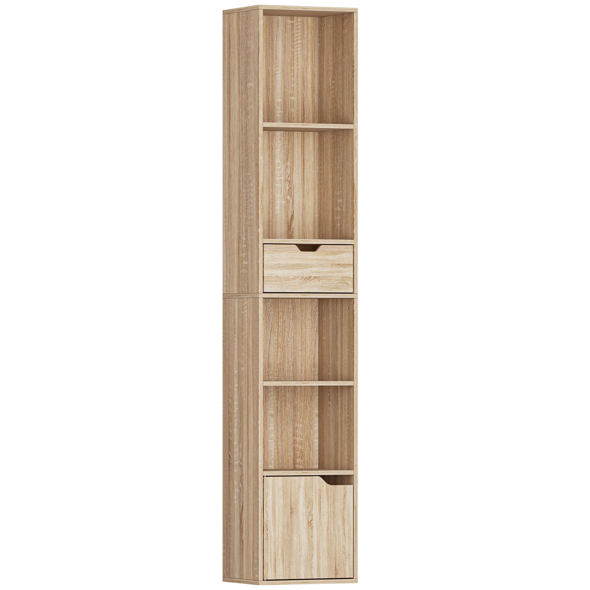 HOMCOM 6-Tier Bookcase, Tall Narrow Bookshelf with Drawer and Door - Natural Wood Finish 