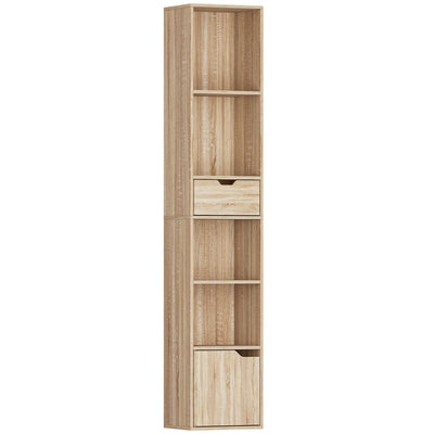HOMCOM 6-Tier Bookcase, Tall Narrow Bookshelf with Drawer and Door - Natural Wood Finish 