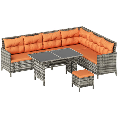 Outsunny 7-Seater Patio wicker Sofa Set Rattan Chair Furniture w/ Glass & Cushioned, Orange 