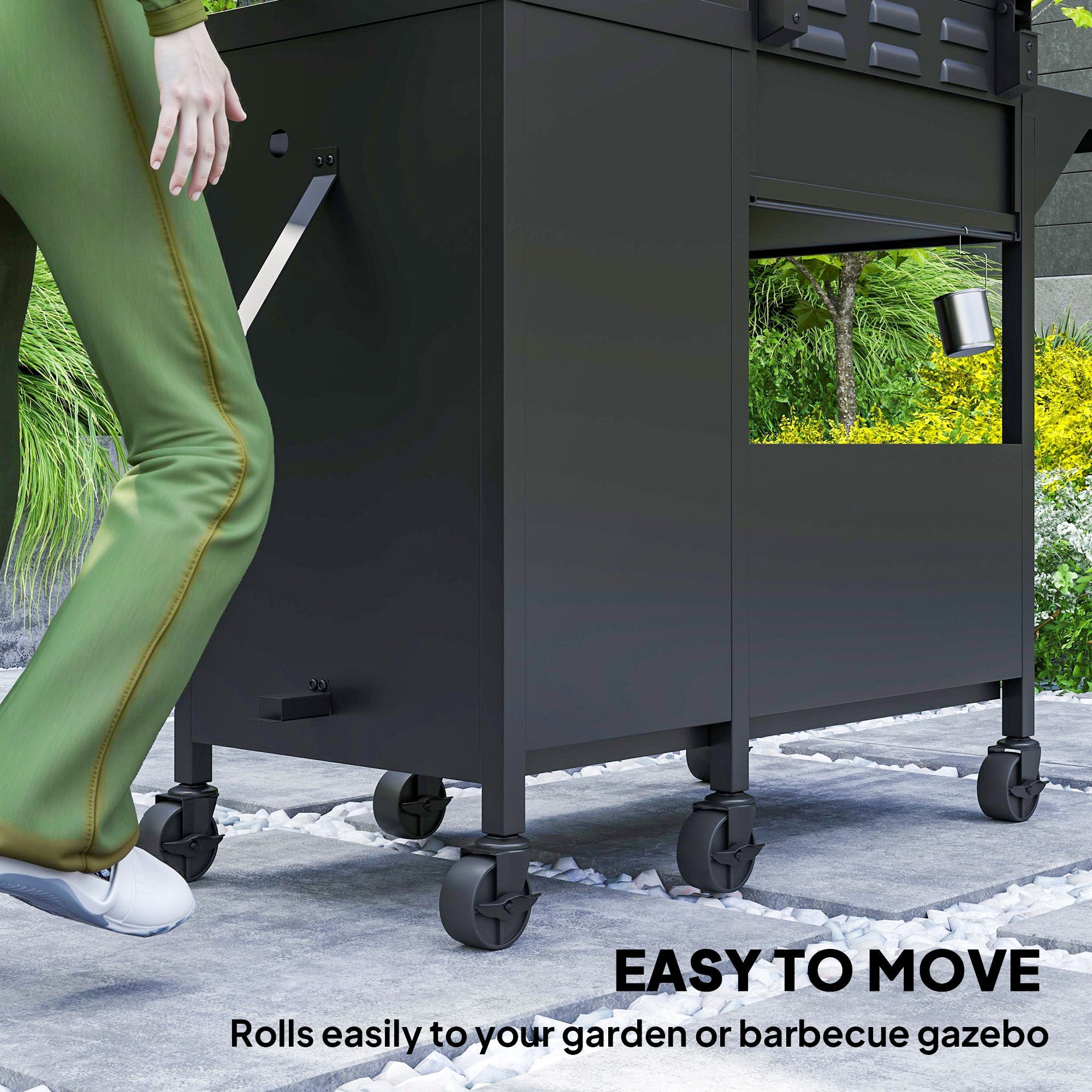 Outsunny 3+1 Burner Gas BBQ Grill with Storage Cabinet and Shelves, 11.6 kW Gas Barbecue Trolley with 6 Castor Wheels, Warming Rack, Thermometer for Outdoor Cooking Garden Party, Black 