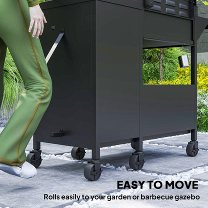 Outsunny 3+1 Burner Gas BBQ Grill with Storage Cabinet and Shelves, 11.6 kW Gas Barbecue Trolley with 6 Castor Wheels, Warming Rack, Thermometer for Outdoor Cooking Garden Party, Black 