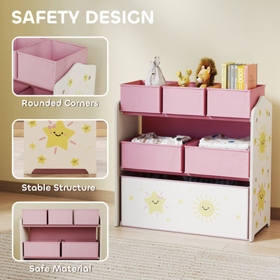 AIYAPLAY Kids Toy Storage Units, 3-Tier Toy Organiser Shelf with 6 Removable Boxes for Kids, Bedroom, Playroom, Pink 