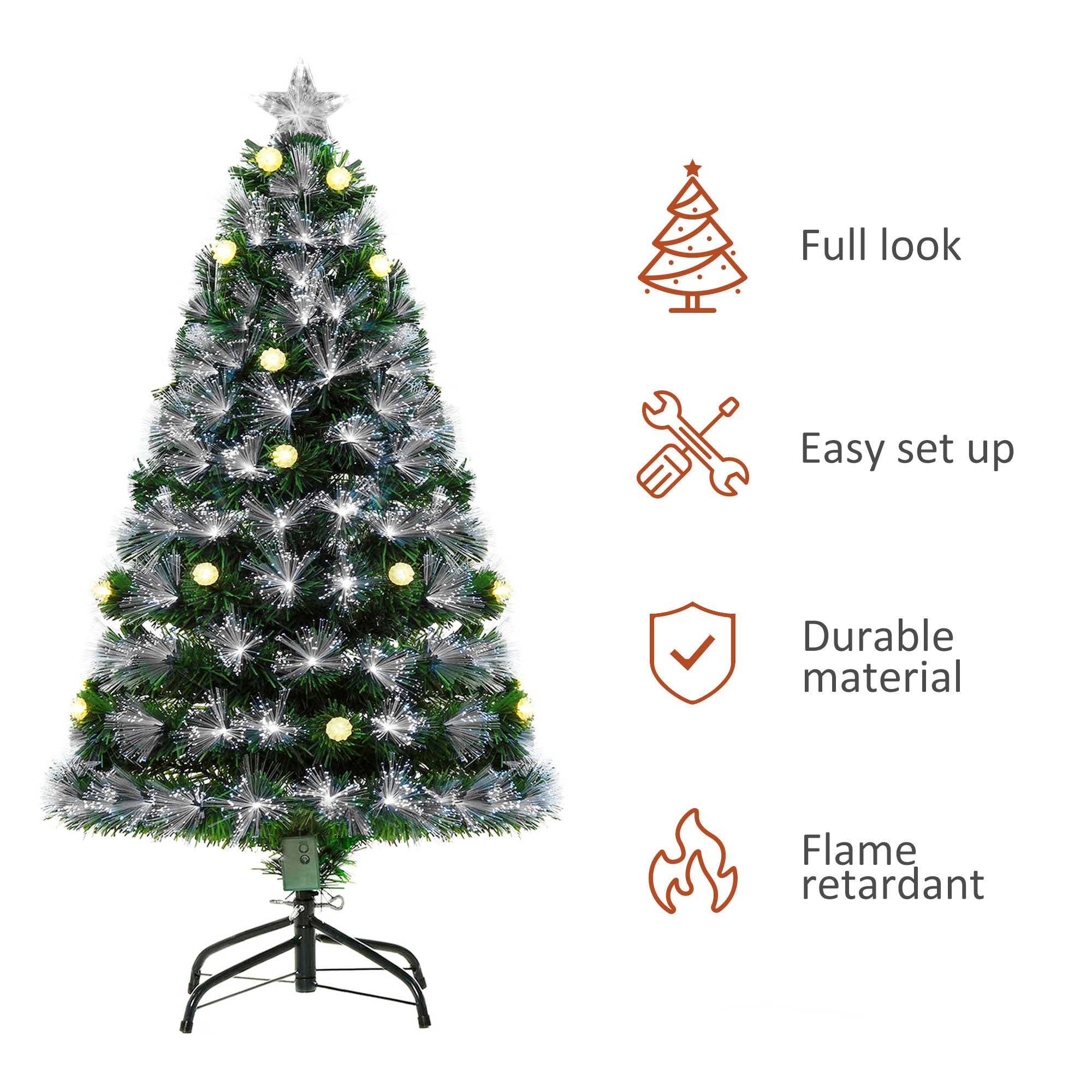 HOMCOM 4ft White Light Artificial Christmas Tree w/ 130 LEDs Star Topper Tri-Base Full Bodied Seasonal Decoration Pre-Lit Home 