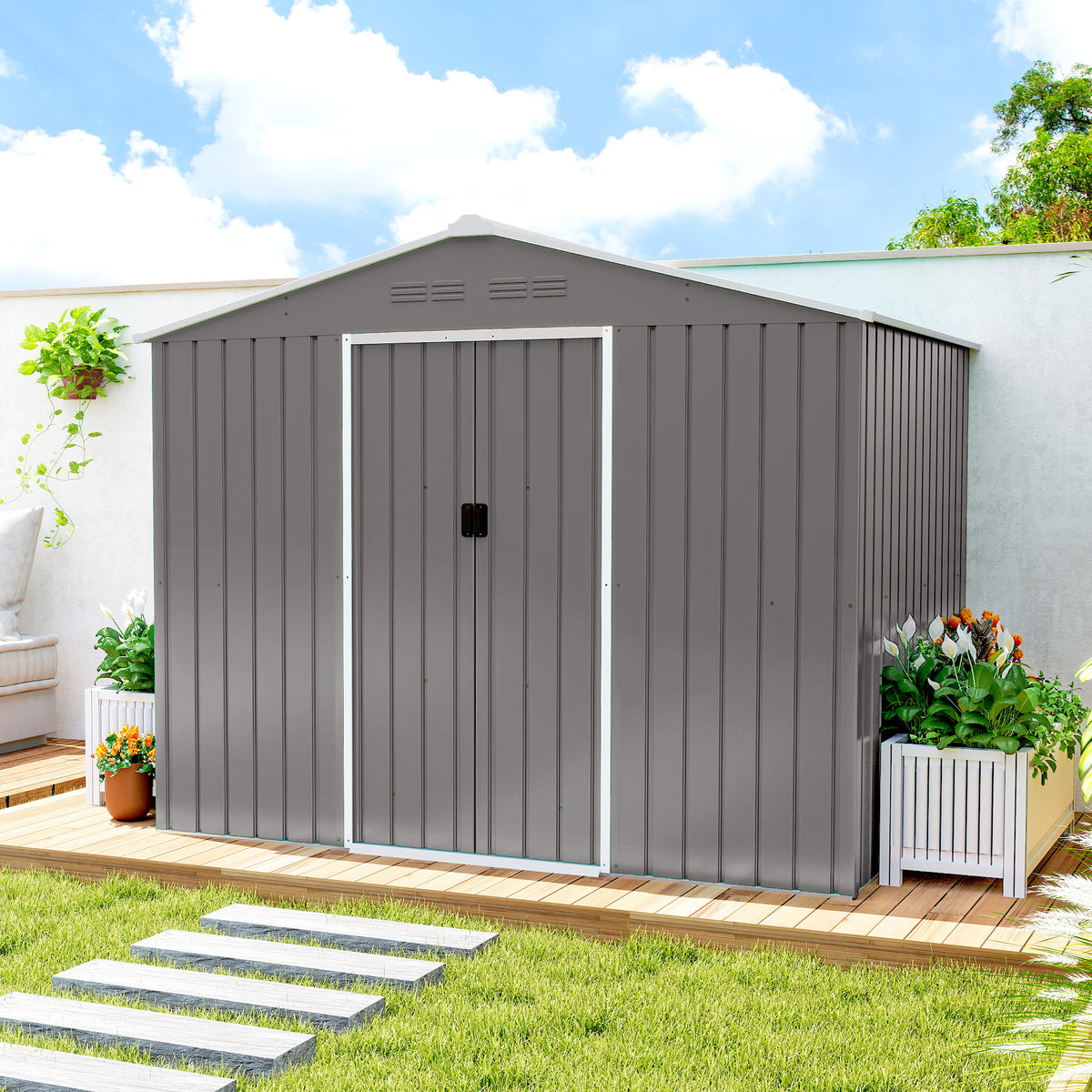 Outsunny 8 x 6ft Galvanised Steel Shed, with Double Door - Light Grey 