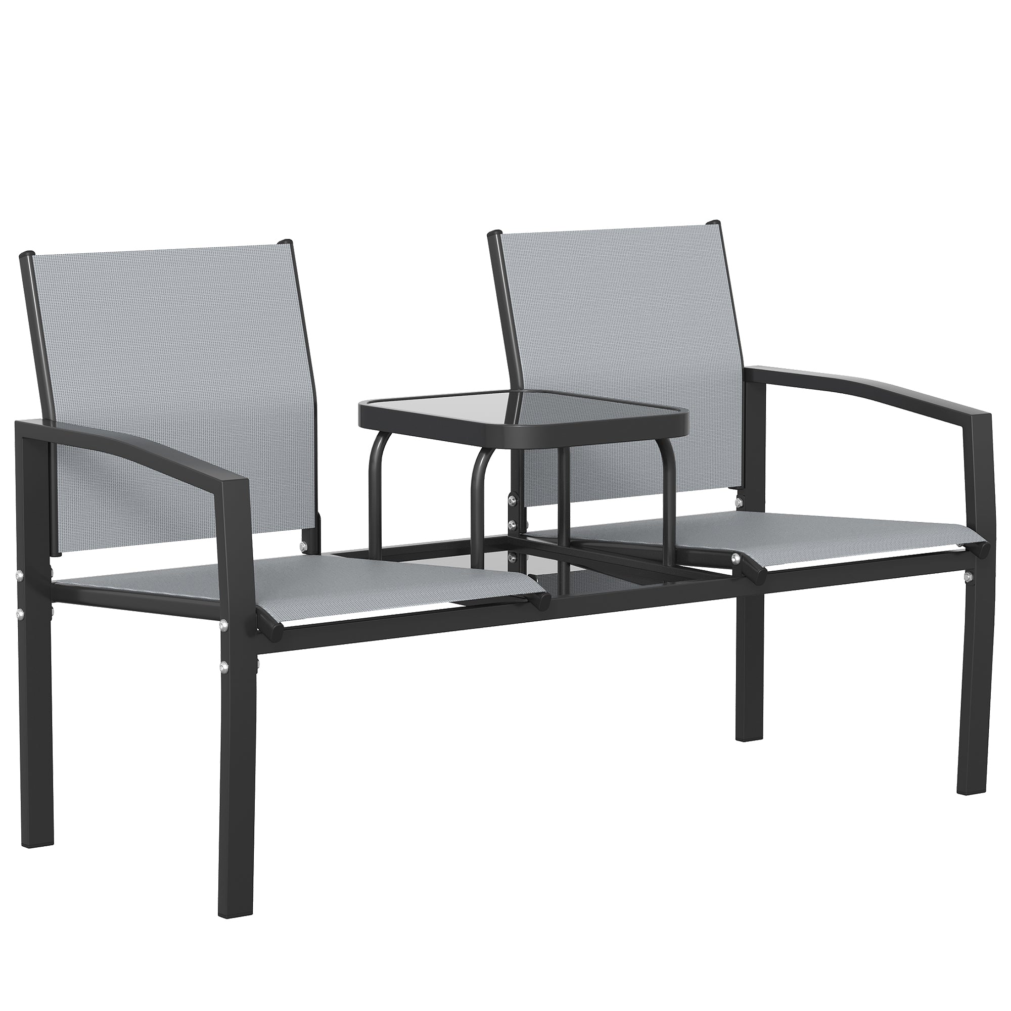Outsunny Garden Love Seat, 2 Seater Jack and Jill Loveseat Companion Seat with 2-Tier Glass Table, Breathable Texteline, Grey 