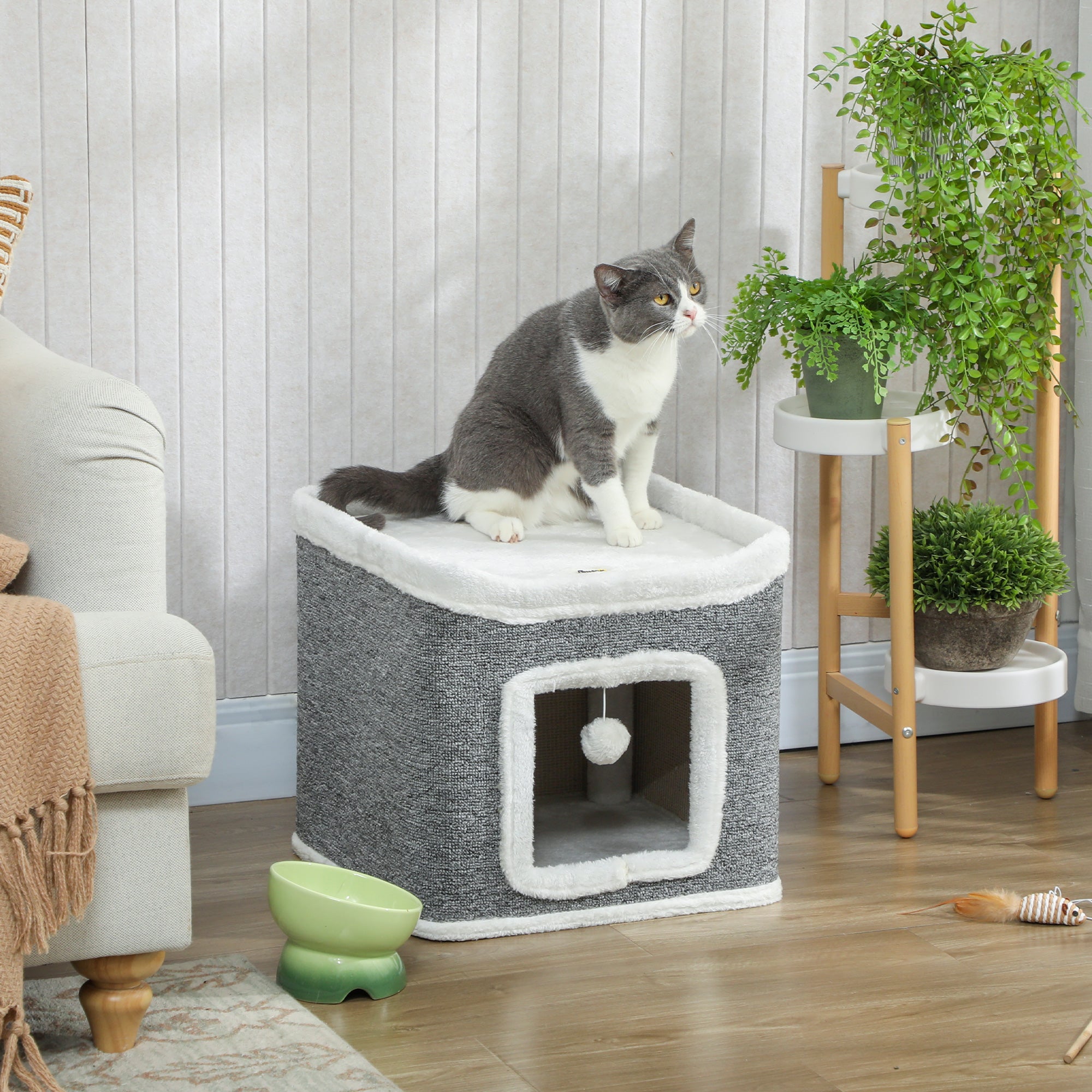 PawHut Cat House for Indoor Kittens, 2-Level Cat Cave Bed with Fluffy Balls, Top Bed, Kitten Barrel for Multi Kitties, Grey 