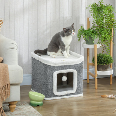 PawHut Cat House for Indoor Kittens, 2-Level Cat Cave Bed with Fluffy Balls, Top Bed, Kitten Barrel for Multi Kitties, Grey 