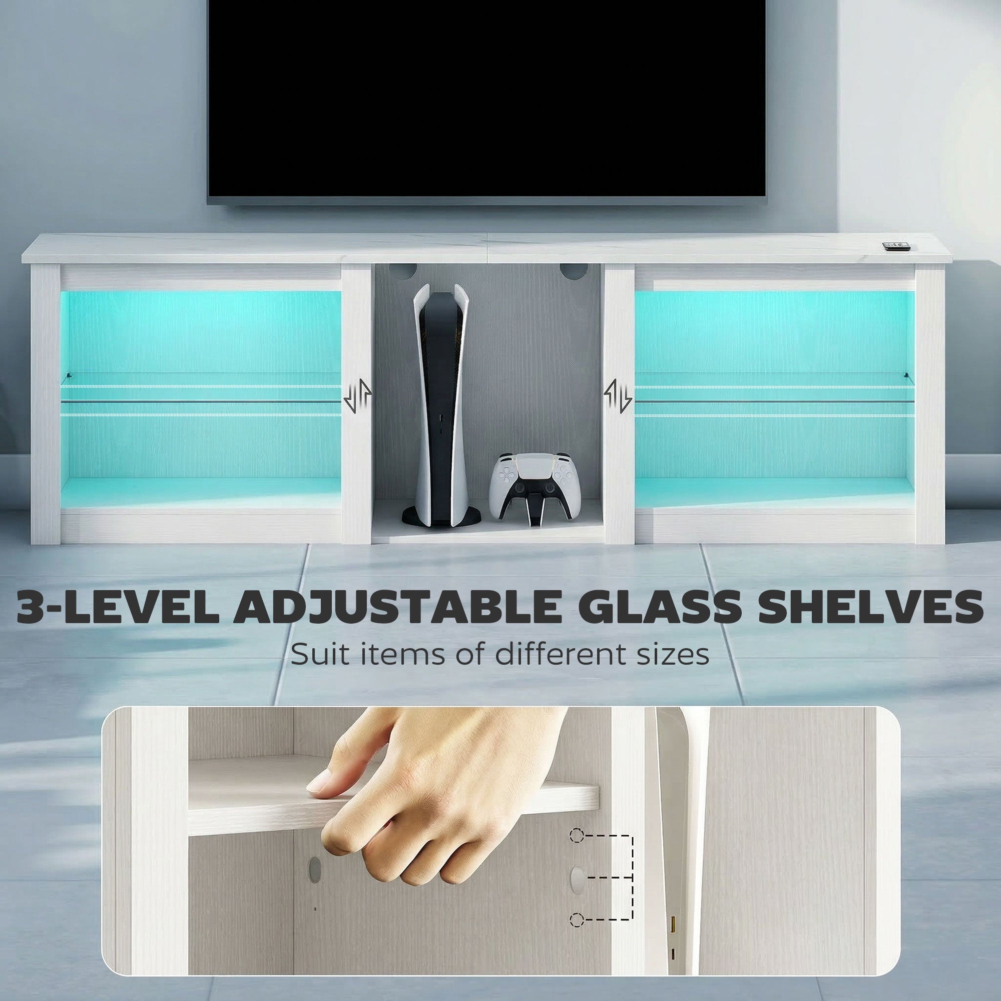 HOMCOM 70in TV Stand, with LED Lights and Storage - White 