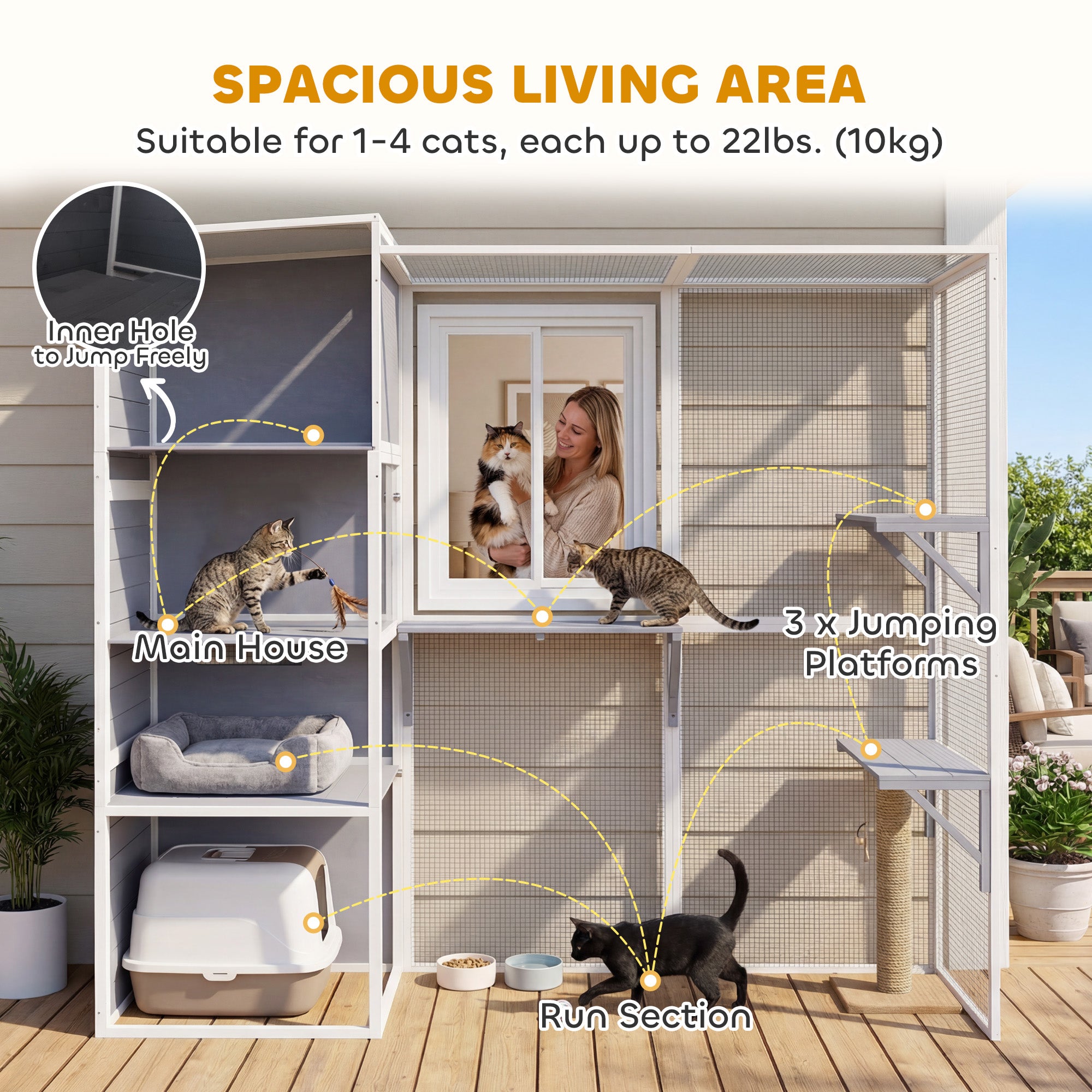 PawHut 4-Tier Wooden Catio Cat Outdoor Enclosure with Sun Roof, Resting Rooms, 3 Platforms, Window Outdoor Indoor, Grey 