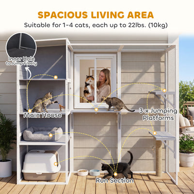 PawHut 4-Tier Wooden Catio Cat Outdoor Enclosure with Sun Roof, Resting Rooms, 3 Platforms, Window Outdoor Indoor, Grey 