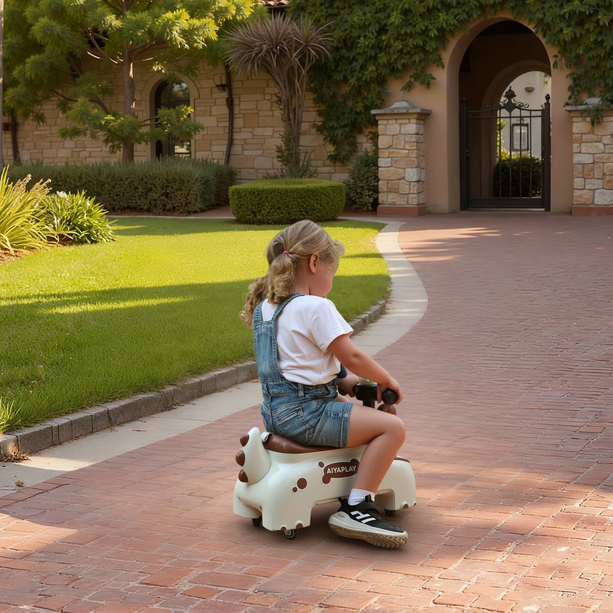 AIYAPLAY Kids Ride On Car, Dinosaur Foot to Floor Slider with Storage, Toddler Walker with Light, Sounds, Cream 