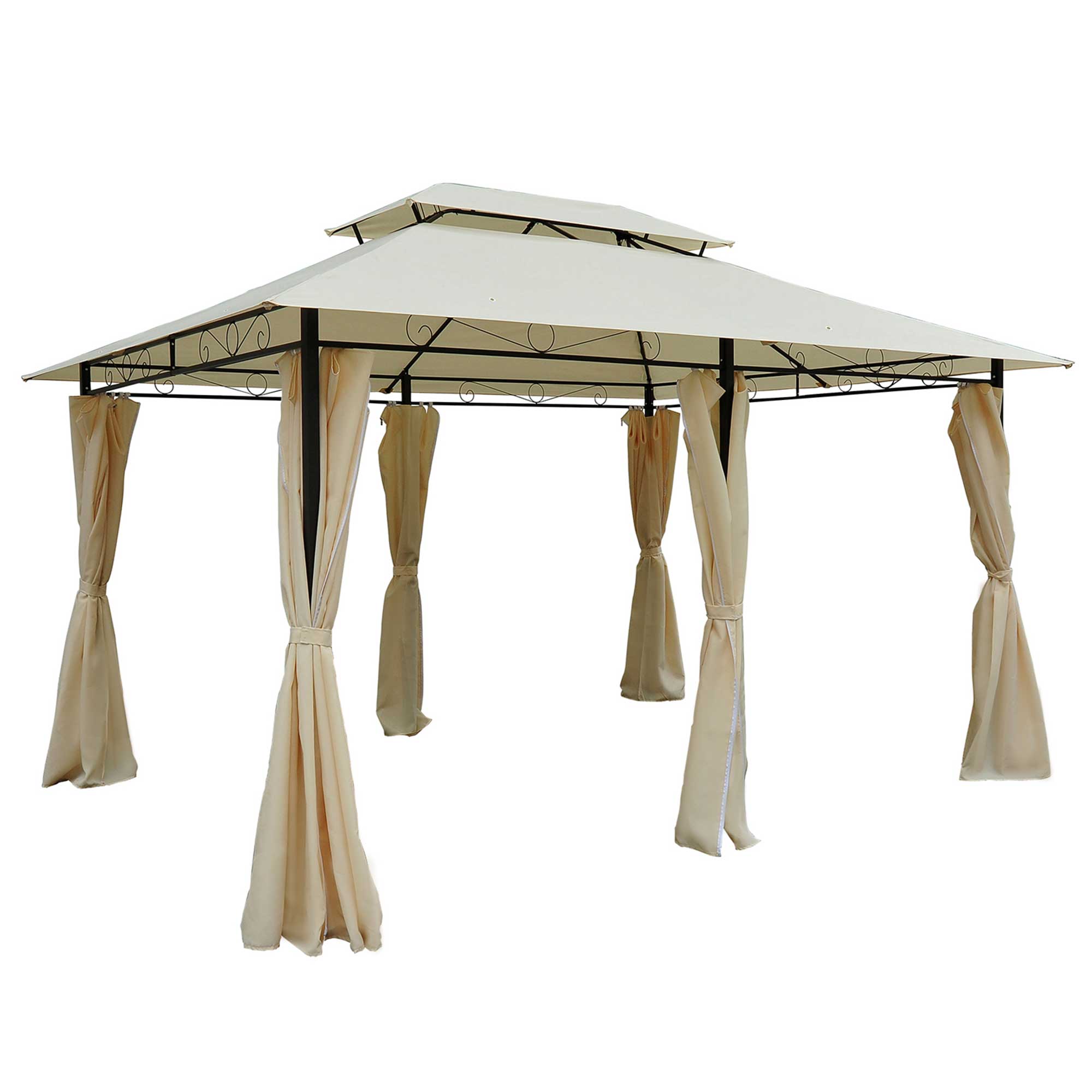 Outsunny 4m x 3(m)Garden Gazebo, Double Roof Outdoor Gazebo Canopy Shelter with Curtains, Solid Steel Frame for Lawn and Deck, Beige 