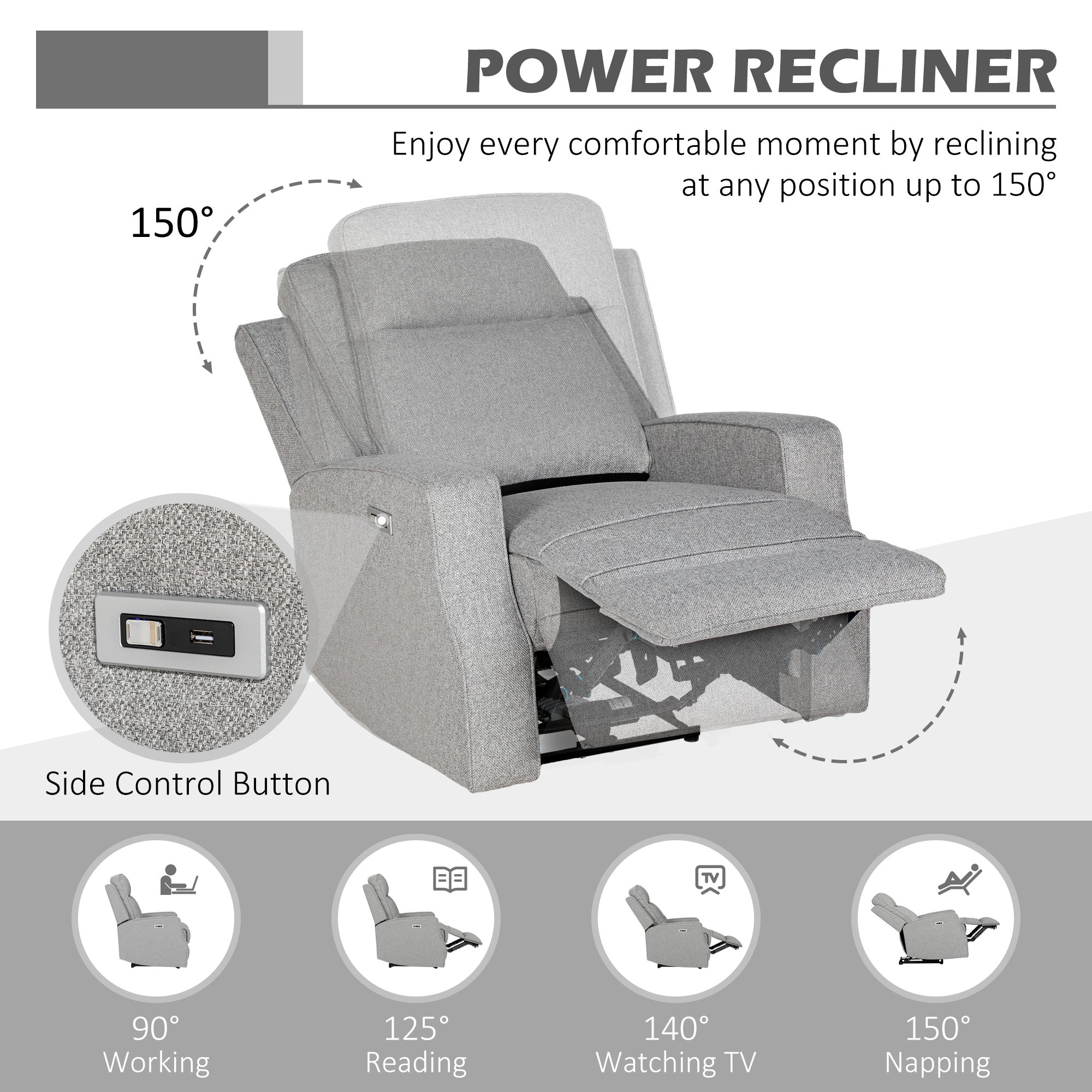 HOMCOM 150\'c2\'b0 Electric Reclining Chair, with USB port and Footrest - Grey