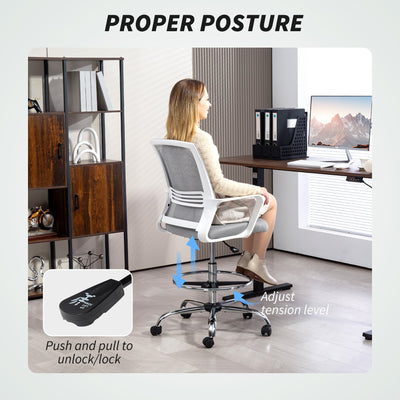 HOMCOM Draughtsman Chair, Mesh Drafting Chair, Ergonomic Office Chair with Lumbar Support, Adjustable Foot Ring, Grey 