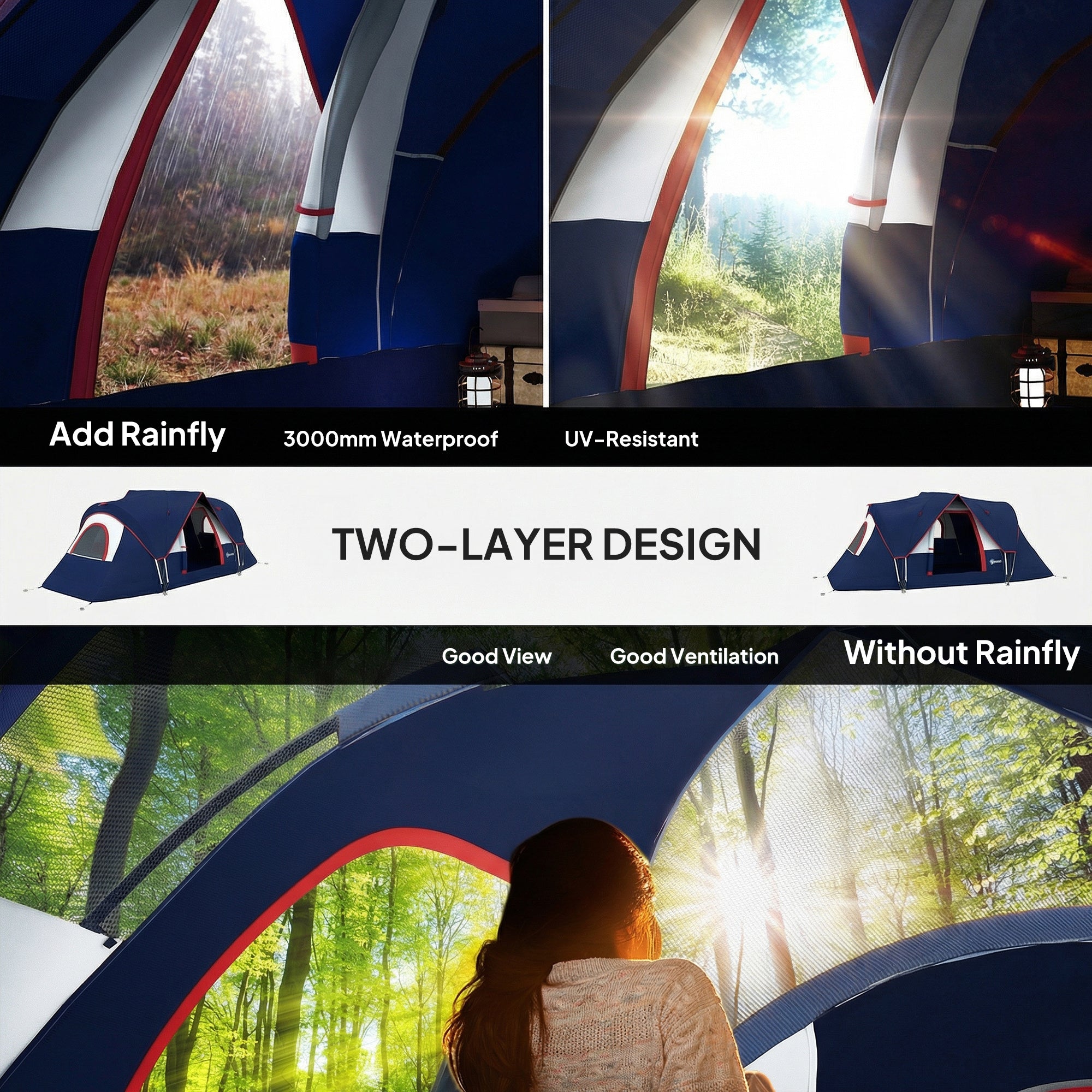 Outsunny 5-6 Man Camping Tent, Tunnel Tent, Water Resistant Hiking Shelter with Groundsheet and Carry Bag, Navy Blue 
