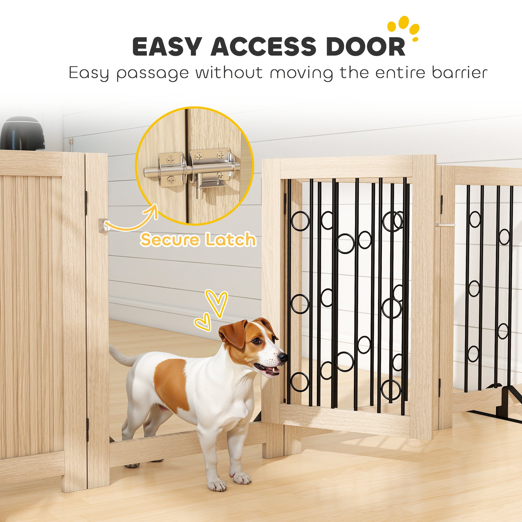 PawHut 4 Panel Freestanding Pet Gate, Indoor Dog Barrier with Lockable Door, Support Feet, 360° Flexible Hinges, Oak 