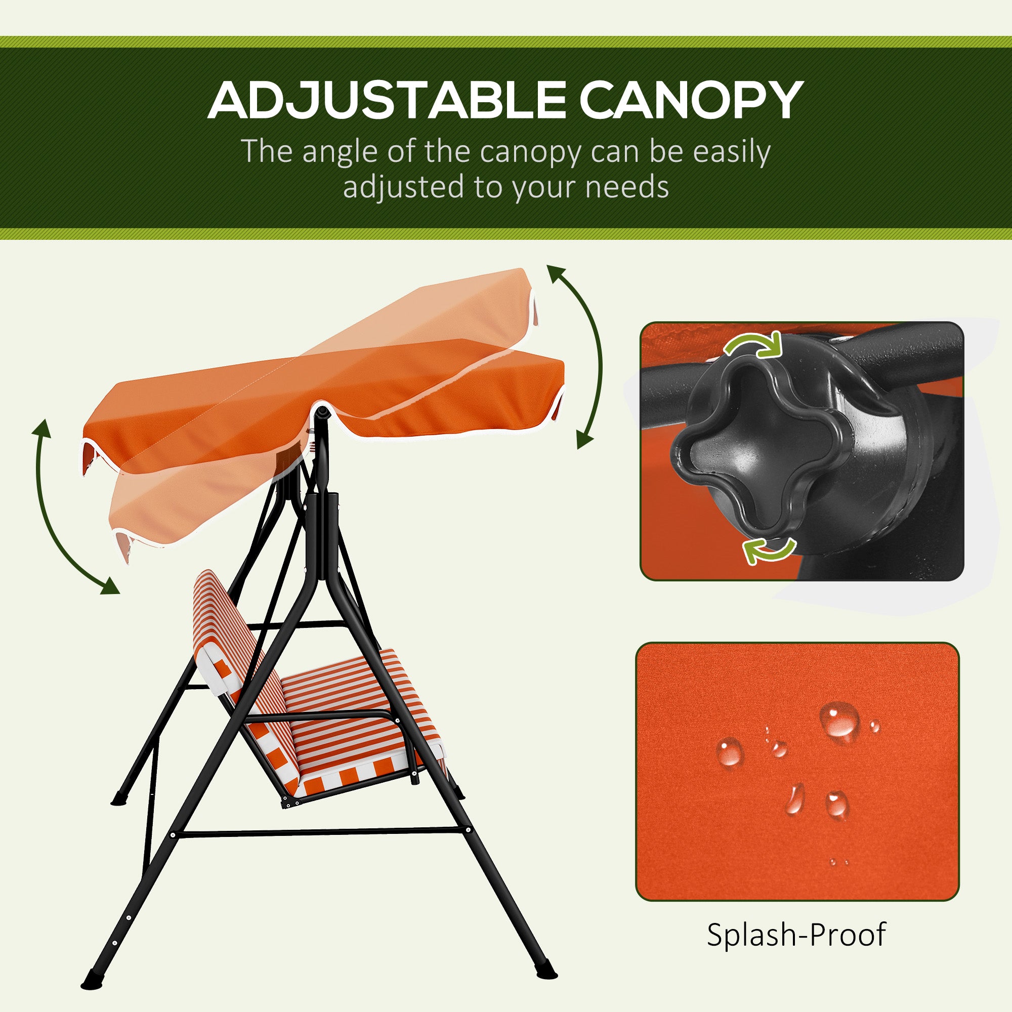 Outsunny Three-Seater Garden Swing Chair, with Adjustable Canopy - Orange Stripe 