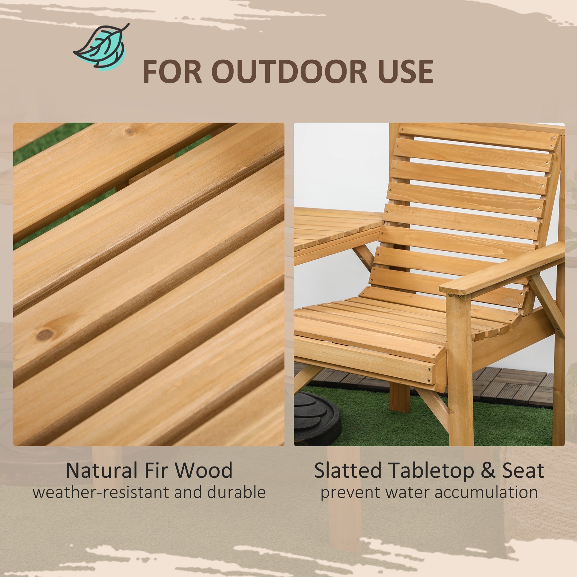 Outsunny Wooden Garden Love Seat, 2 Seater Jack & Jill Companion Seat with Coffee Table and Parasol Hole, Partner Bench, Table and Chairs Set, Outdoor Furniture for Garden, Balcony, Patio, Brown 