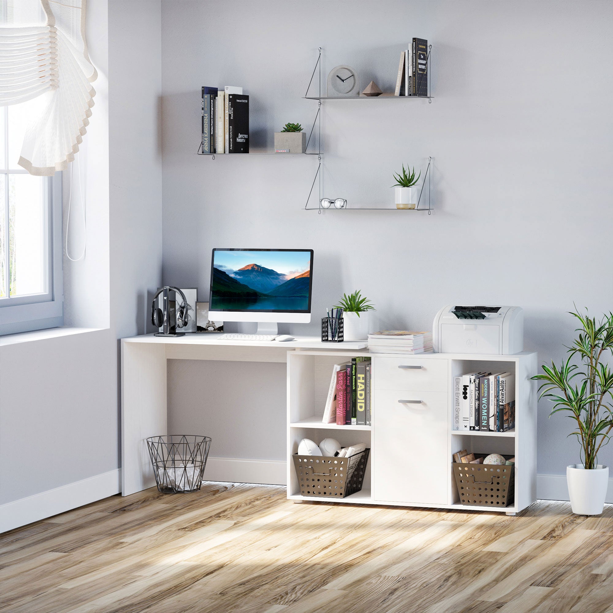 HOMCOM L-Shaped Computer Desk with Storage Compartments, Drawer and Cabinet, Laptop PC Corner Table, Home Office Workstation, 120 x 115 x 76cm, White 