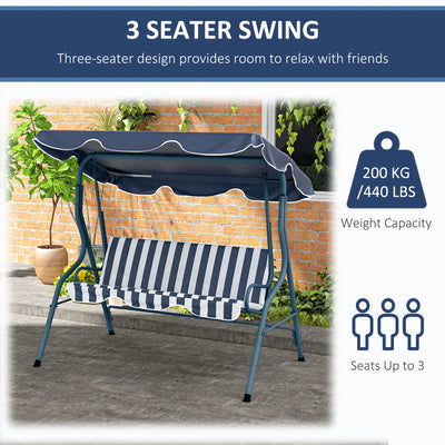 Outsunny 3 Seater Garden Swing Seat Chair Outdoor Bench with Adjustable Canopy and Metal Frame, Blue Stripes 