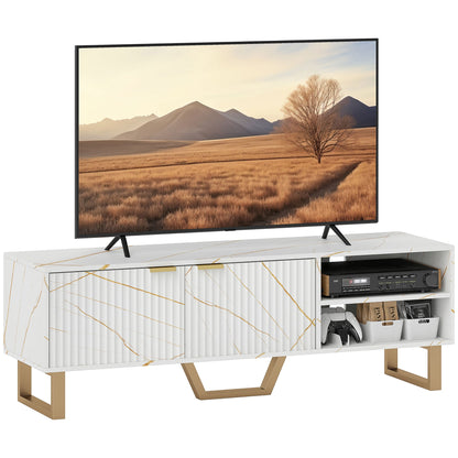HOMCOM Marble Effect TV Unit, TV Stand Cabinet for up to 70" TVs, Modern TV Cabinet with Shelves and Storage Cupboard, Fluted Door, Extra Centre Leg, Cable Management for Living Room, White 