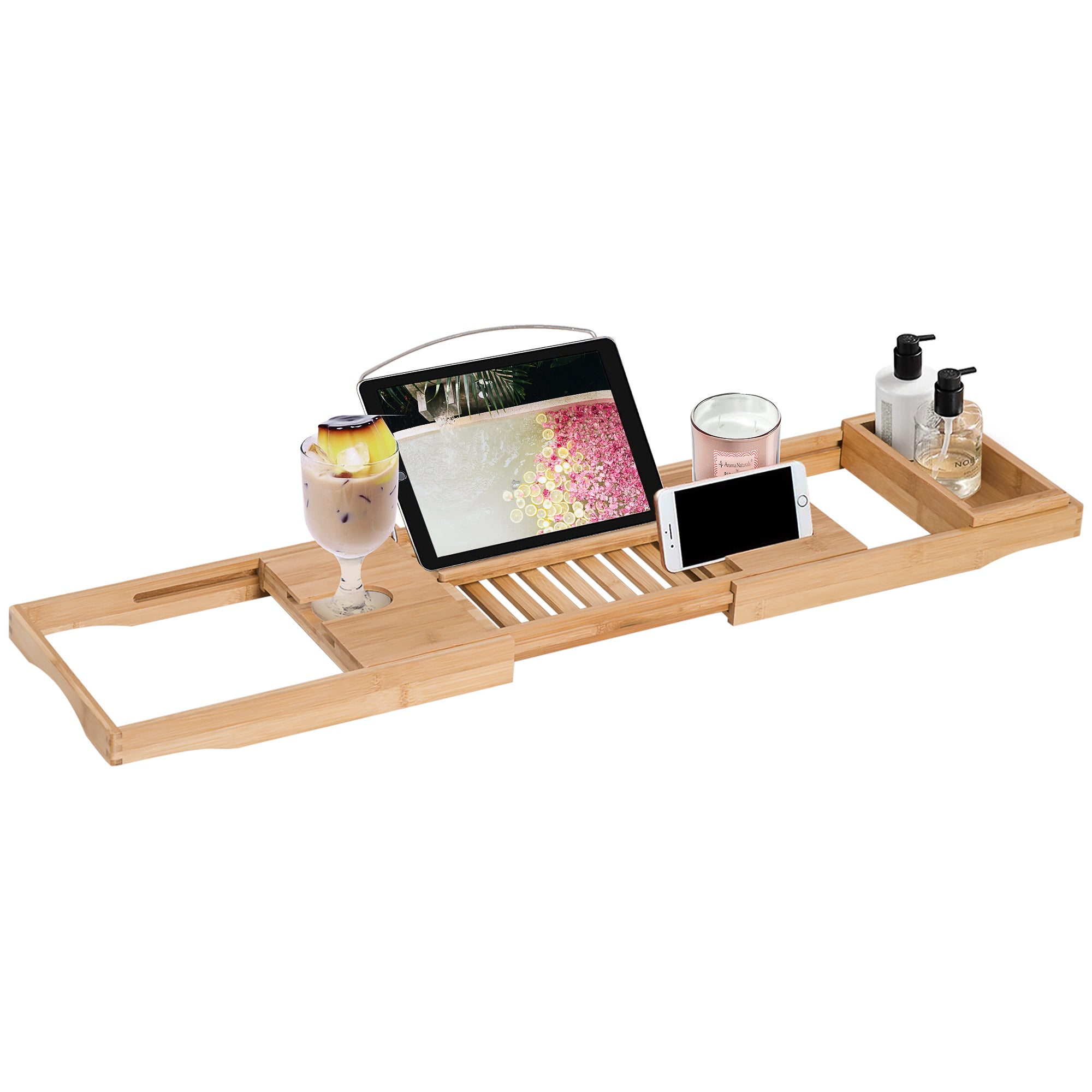 HOMCOM Extendable Bamboo Bathtub Shelf Rack Bath Caddy Tray Bathroom Storage 