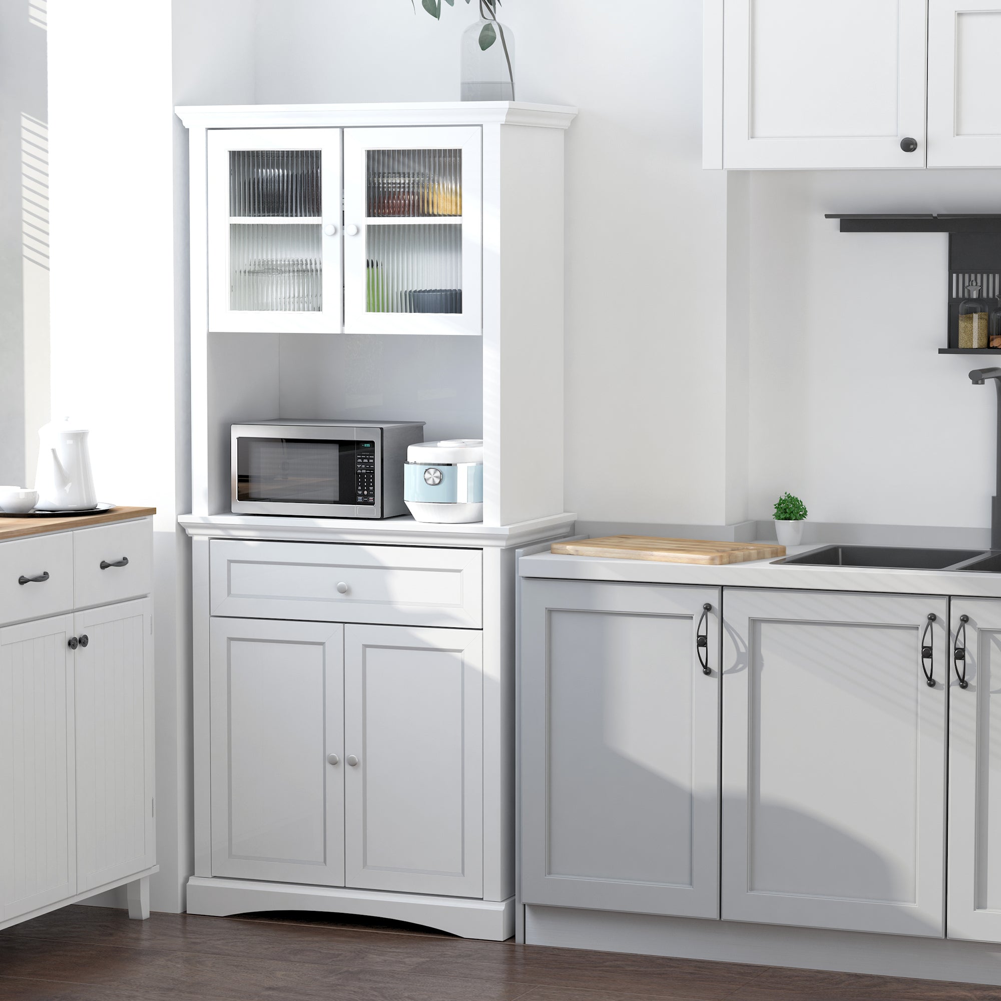 HOMCOM Kitchen Cupboard, Freestanding Storage Cabinet with Glass Doors, Adjustable Shelves, and Open Counter, White 