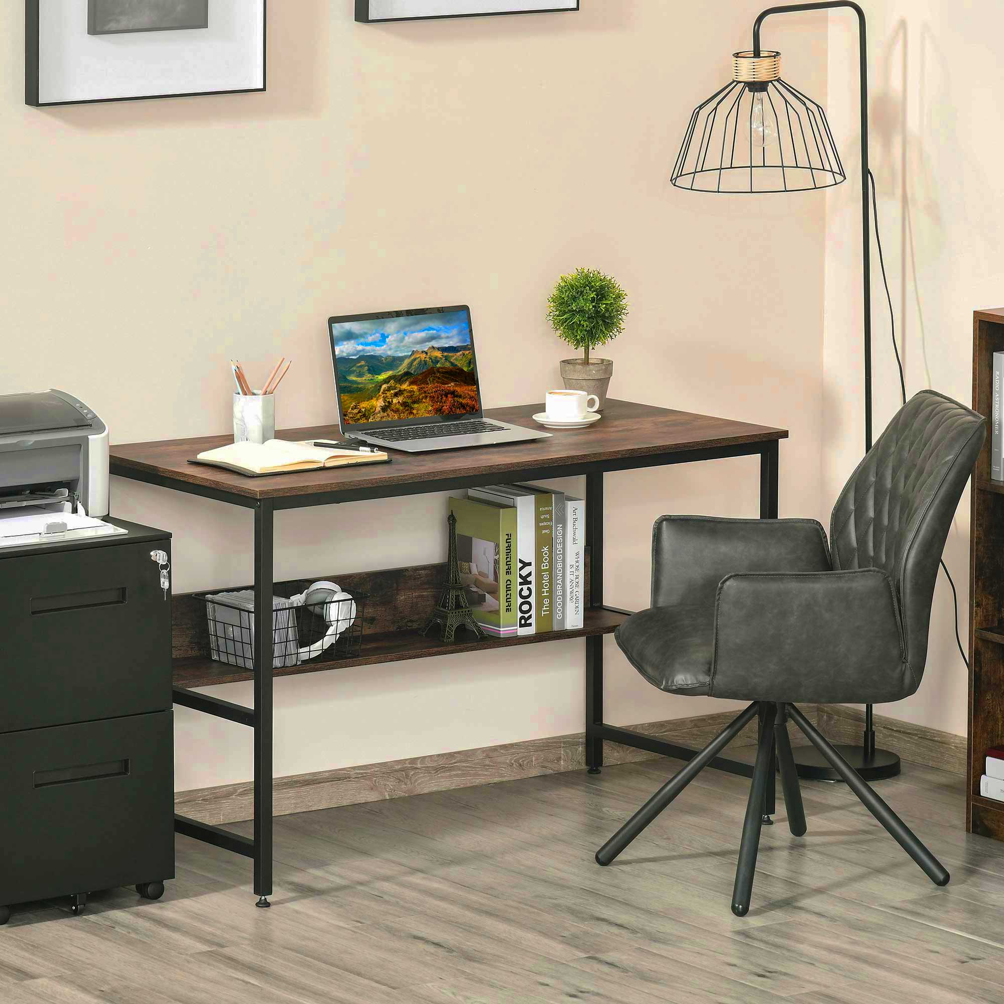 HOMCOM Computer Desk with Storage Shelf, 120 x 60cm Home Office Desk with Metal Frame, Study Table, Easy Assembly, Rustic Brown 