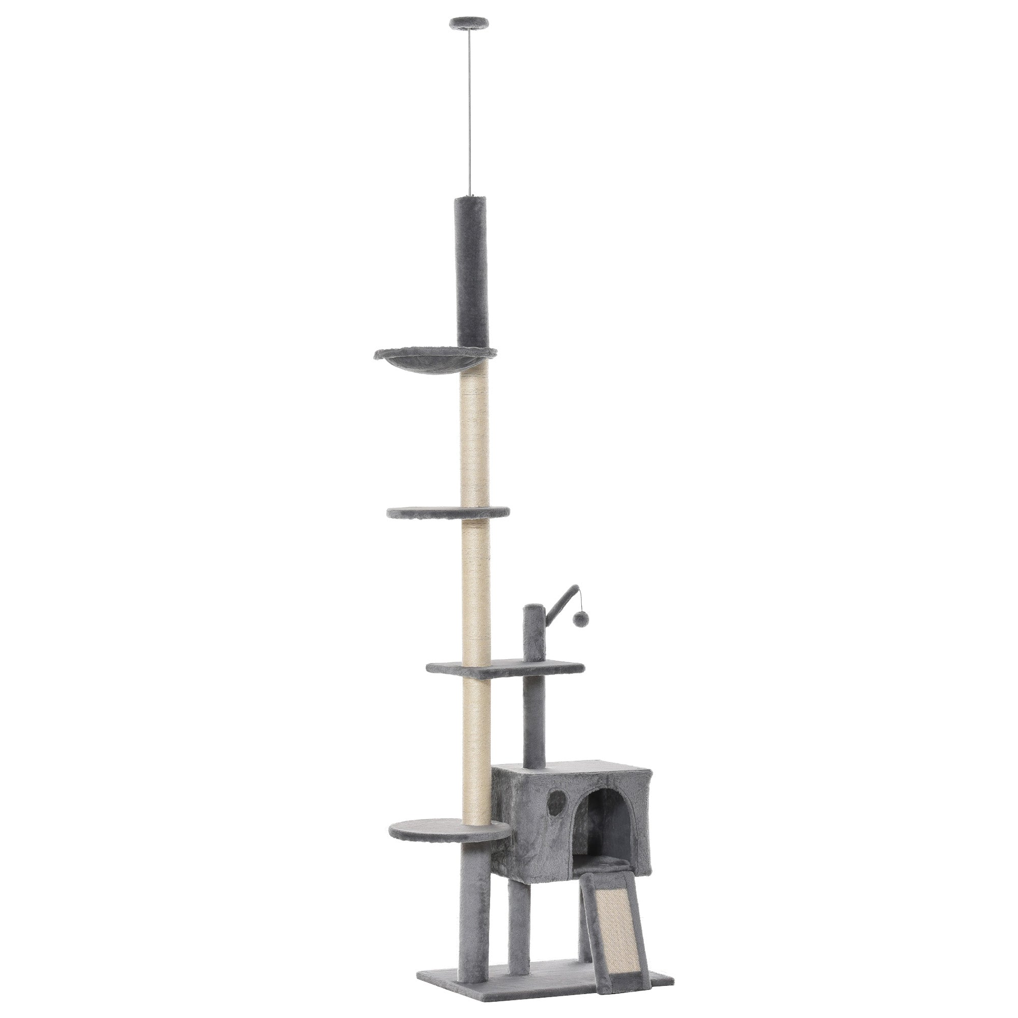 PawHut 270cm Floor To Ceiling Cat Tree Cat House Scratching Post for Indoor Cats Hammock Hanging Ball Activity Center Grey 
