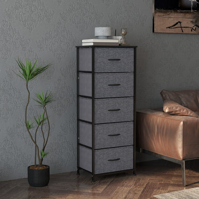 HOMCOM Fabric Chest of Drawers, Storage Drawers, Industrial Bedroom Dresser with 5 Fabric Drawers, Steel Frame and Wooden Top for Nursery, Living Room, Hallway, Dark Grey 