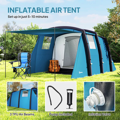 Outsunny Inflatable 3-4 Man Tunnel Tent w/ Air Pump, Living Area & Vestibule, Waterproof Family Camping Air Tent w/ Sewn In Groundsheet & Removable Footprint for Camping, Hiking, Blue 