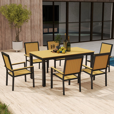 Outsunny 6 Seater Garden Dining Set with Stackable Chairs, Aluminium Frame, Rectangular Plastic Top, Garden Furniture Set, Outdoor Dining Table and Chairs for Patio, Balcony, Poolside, Nature Wood 