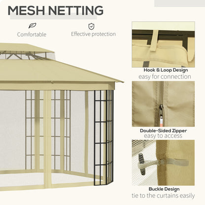 Outsunny 3.7 x 3(m) Patio Gazebo Canopy Garden Tent Shelter with 2 Tiers Roof and Mosquito Netting, Metal Frame, Beige