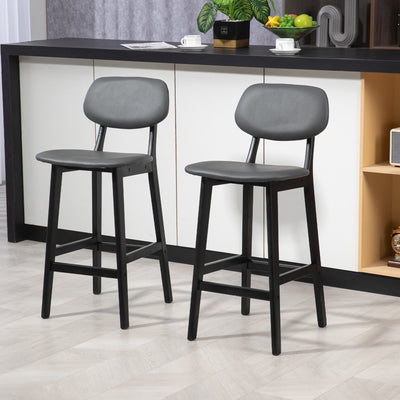 HOMCOM Bar Stools Set of 2, Contemporary Breakfast Bar Chairs, Faux Leather Upholstered Kitchen Stools with Backs and  Solid Wood Legs, Dark Grey 