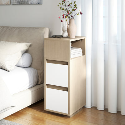 HOMCOM Slim Bedside Table, Narrow Bedside Cabinet with Open Shelf and 2 Drawers for Bedroom, Living Room, Natural Wood Finish 